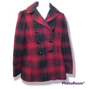 STEVE MADDEN RED & BLACK PLAID PEACOAT Buttons WINTER Sz S WOOL BLEND